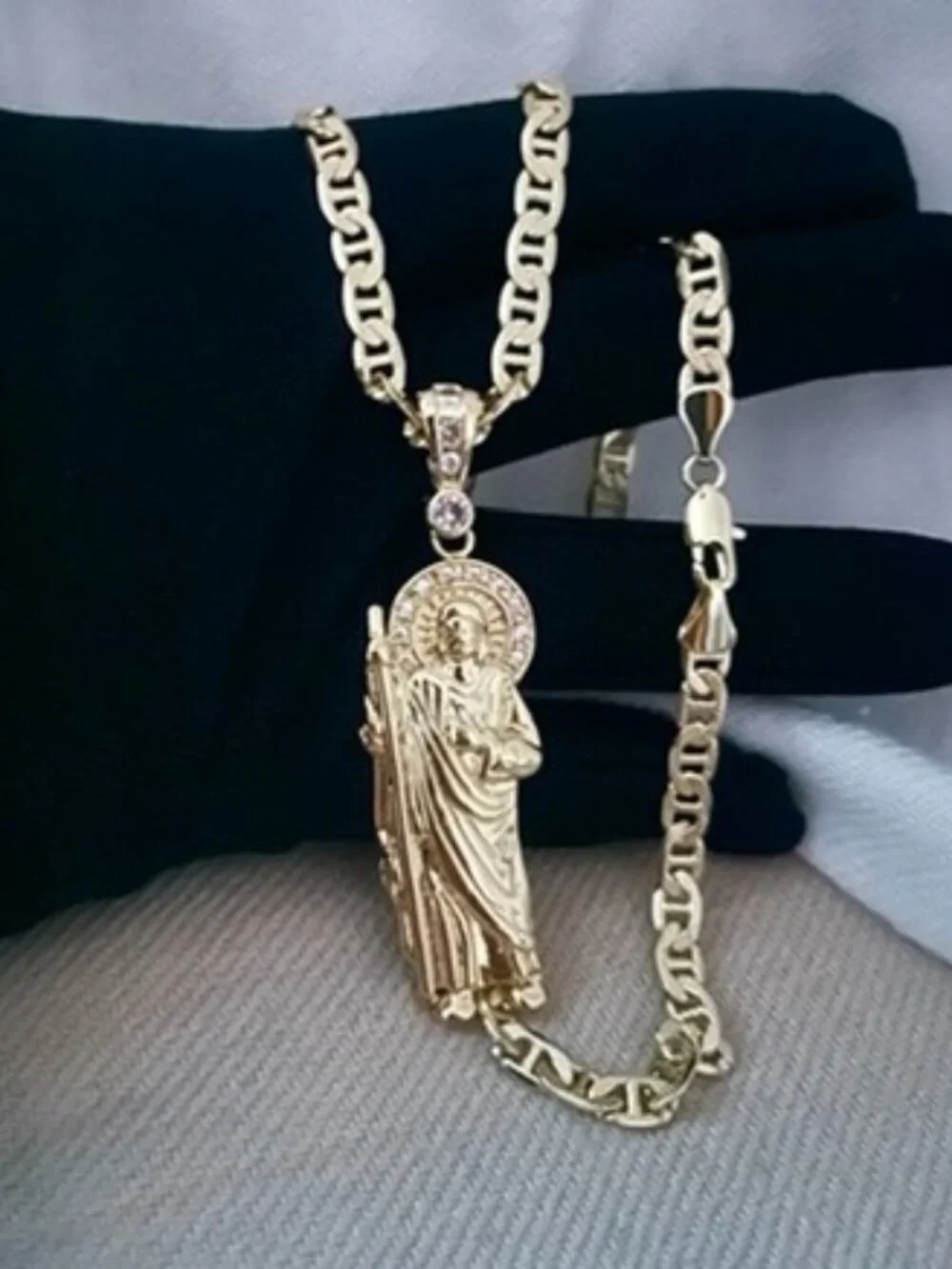 New Quality Laminated Gold Mariner Link Chain & San Judas CZ Pendant Necklace Se